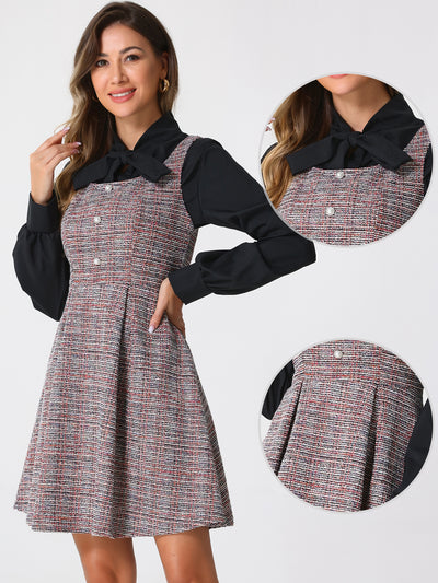 Tweed Sleeveless Square Neck Plaid Fit and Flare Dress