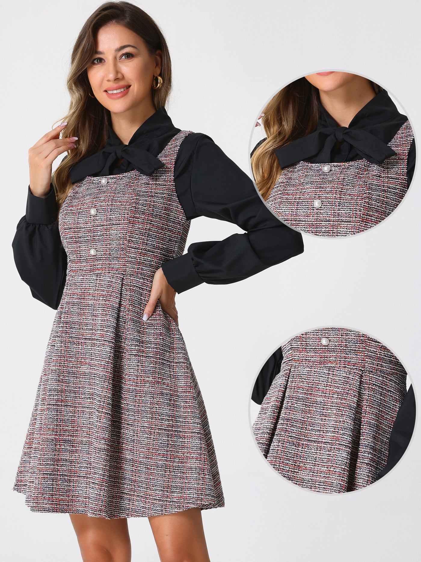 Allegra K Tweed Sleeveless Square Neck Plaid Fit and Flare Dress