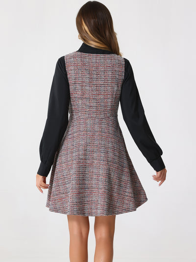 Tweed Sleeveless Square Neck Plaid Fit and Flare Dress