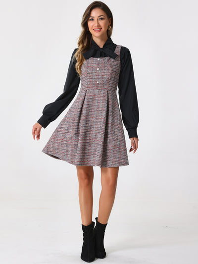 Tweed Sleeveless Square Neck Plaid Fit and Flare Dress