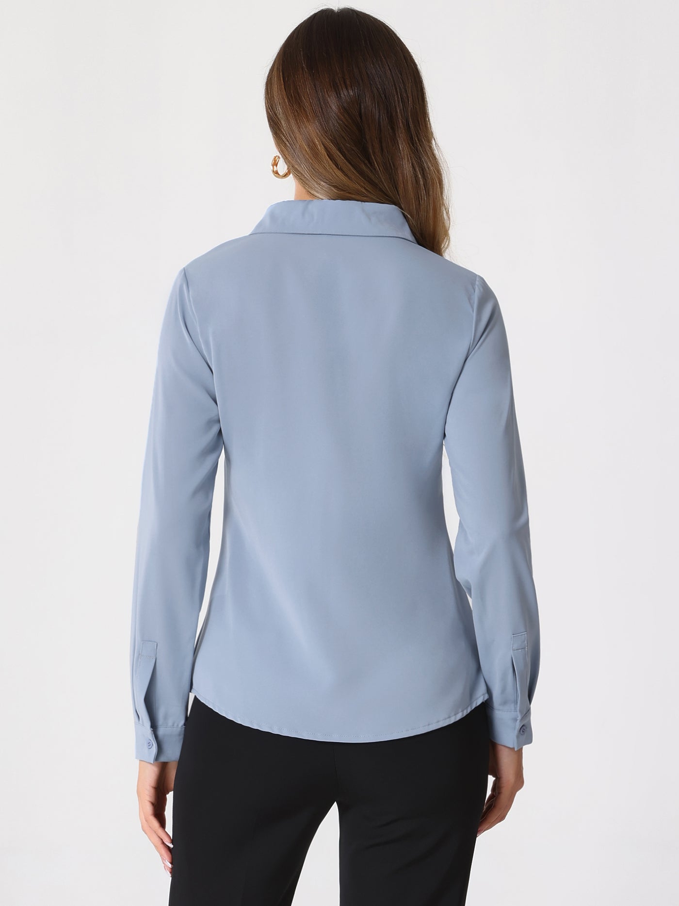 Allegra K Contrast Collar Shirt Chiffon Long Sleeve Work Office Blouse