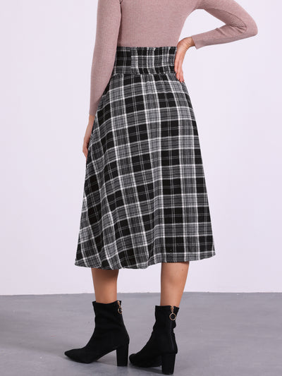 Plaid High Elastic Waist Skirt Vintage Fall Winter A-Line Midi Skirt