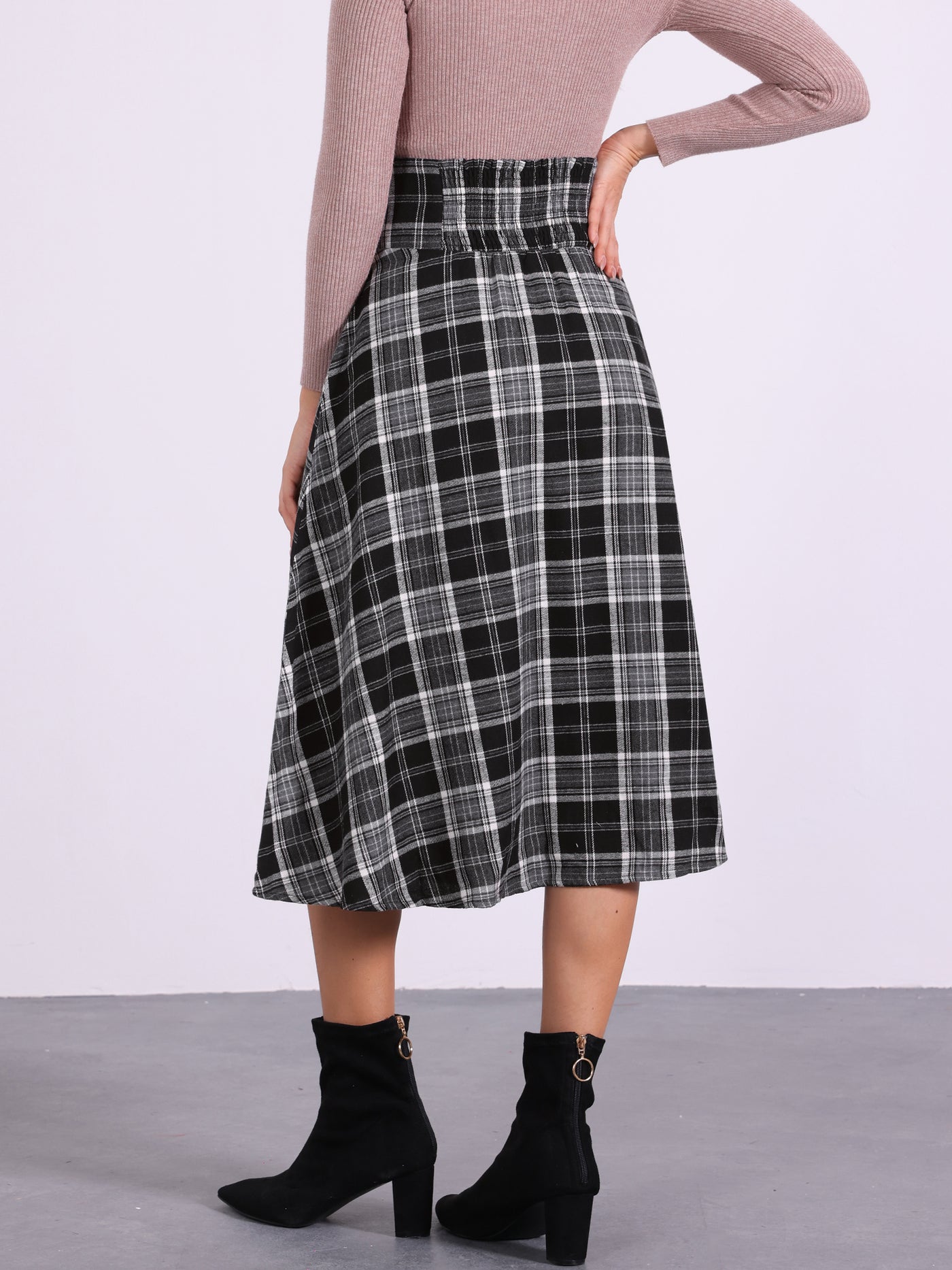 Allegra K Plaid High Elastic Waist Skirt Vintage Fall Winter A-Line Midi Skirt