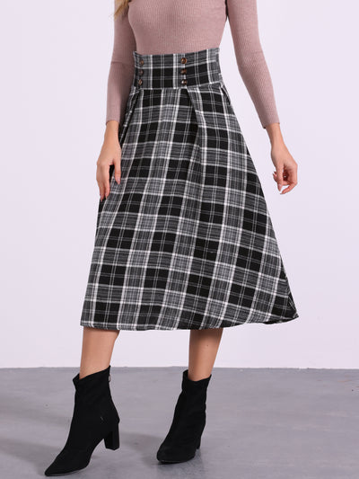 Plaid High Elastic Waist Skirt Vintage Fall Winter A-Line Midi Skirt