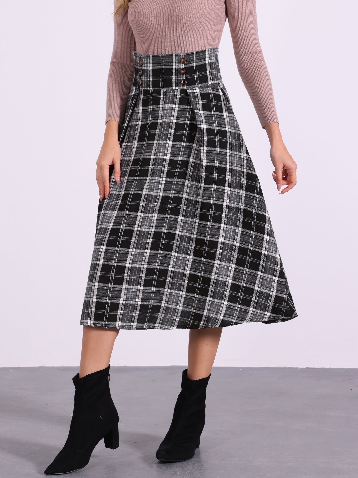 Allegra K Plaid High Elastic Waist Skirt Vintage Fall Winter A-Line Midi Skirt