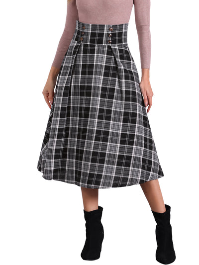 Plaid High Elastic Waist Skirt Vintage Fall Winter A-Line Midi Skirt