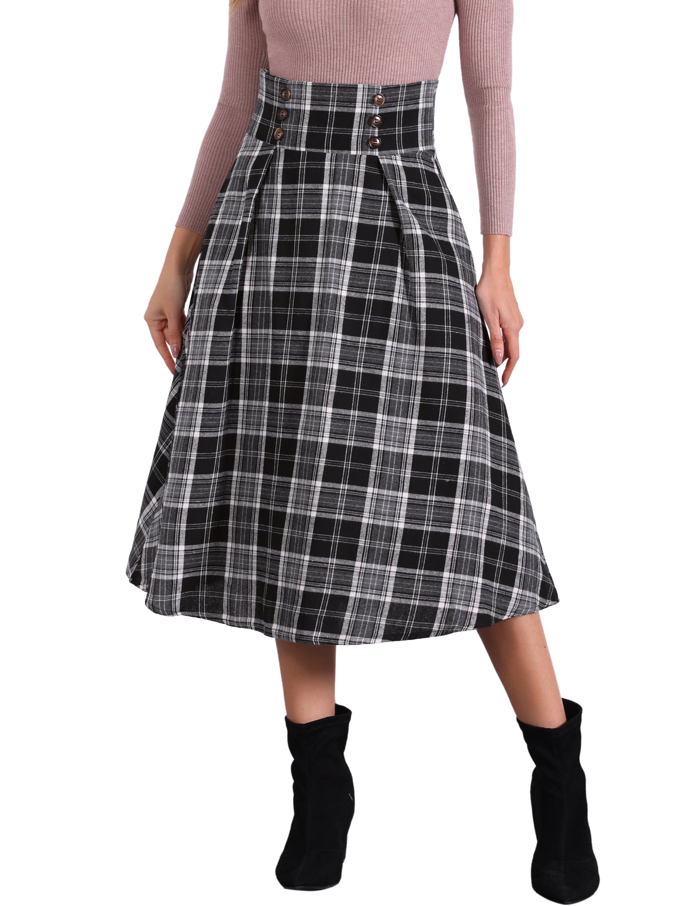 Allegra K Plaid High Elastic Waist Skirt Vintage Fall Winter A-Line Midi Skirt