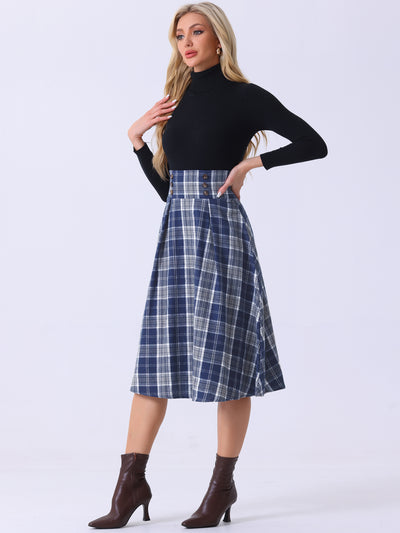 Plaid High Elastic Waist Skirt Vintage Fall Winter A-Line Midi Skirt