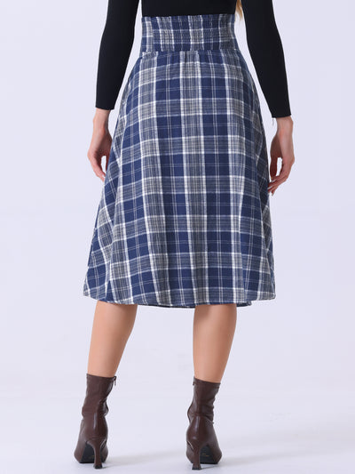 Plaid High Elastic Waist Skirt Vintage Fall Winter A-Line Midi Skirt