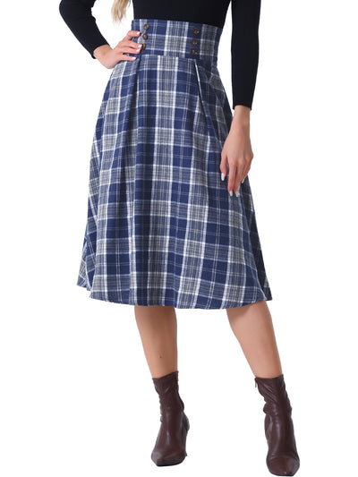 Plaid High Elastic Waist Skirt Vintage Fall Winter A-Line Midi Skirt