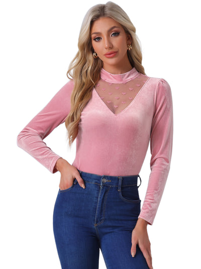 Casual Velvet Long Sleeve Choker Neck Heart Dots Mesh Panel Top