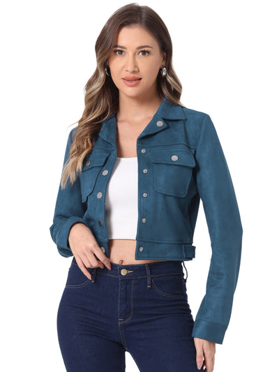 Faux Suede Jacket Button Down Collar Pockets Crop Moto Biker Coat