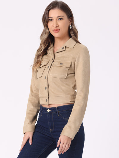 Faux Suede Jacket Button Down Collar Pockets Crop Moto Biker Coat