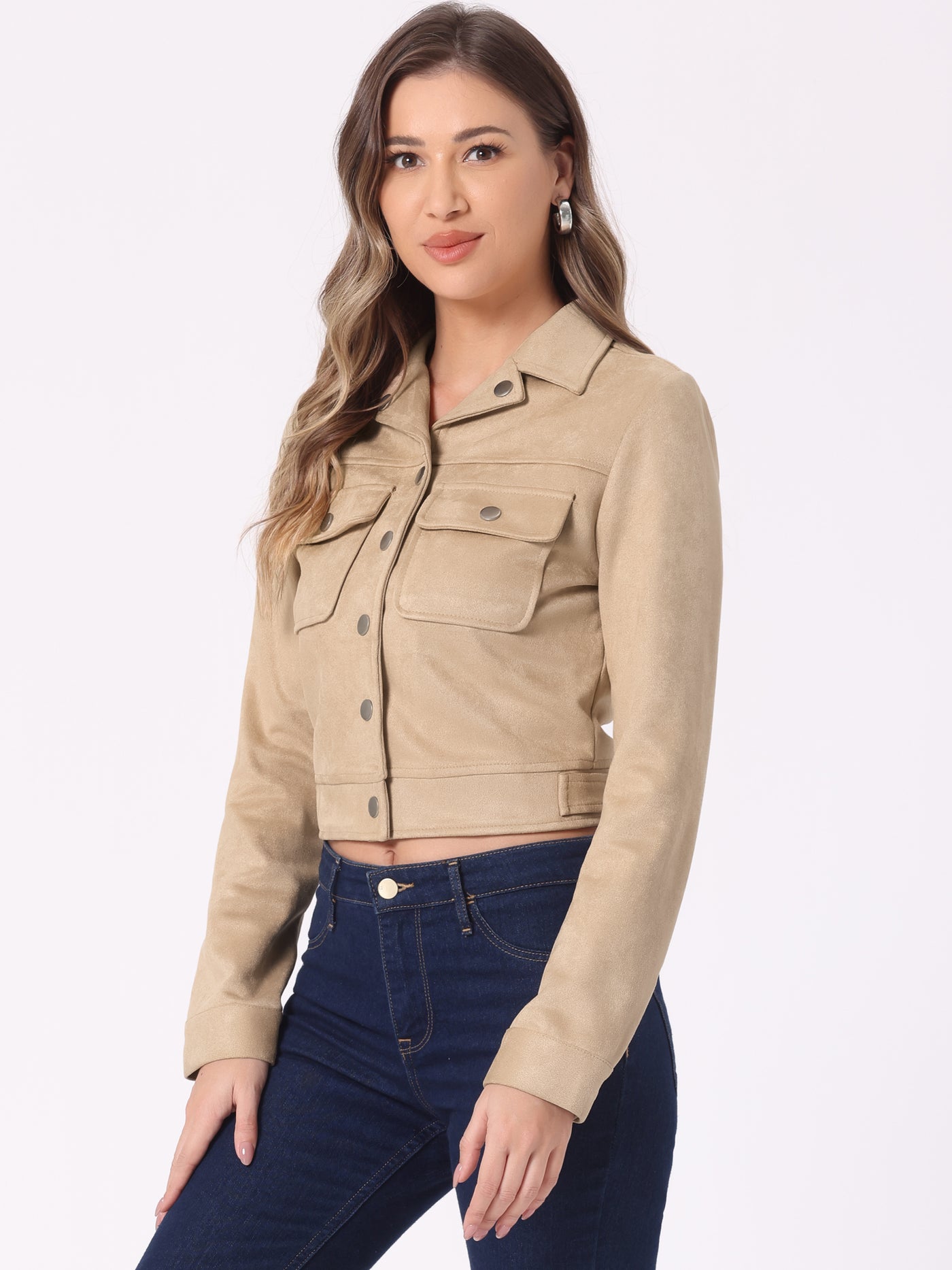 Allegra K Faux Suede Jacket Button Down Collar Pockets Crop Moto Biker Coat