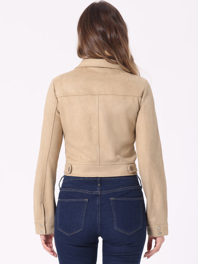 Faux Suede Jacket Button Down Collar Pockets Crop Moto Biker Coat