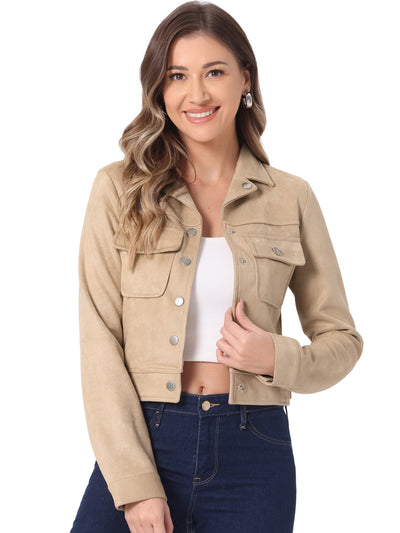 Faux Suede Jacket Button Down Collar Pockets Crop Moto Biker Coat