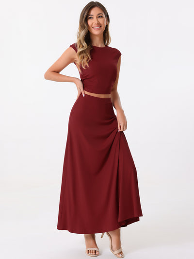 2 Pieces Ribbed Knit Cap Sleeve Cropped Top and Elastic Waist A-Line Maxi Skirt Set