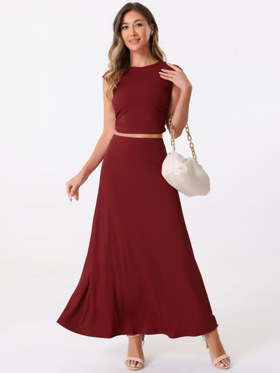 2 Pieces Ribbed Knit Cap Sleeve Cropped Top and Elastic Waist A-Line Maxi Skirt Set