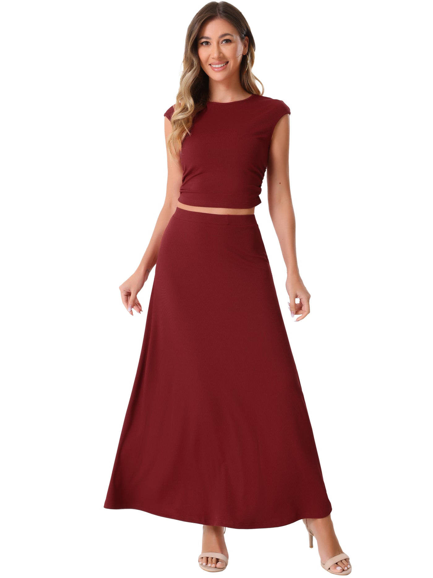 Allegra K 2 Pieces Ribbed Knit Cap Sleeve Cropped Top and Elastic Waist A-Line Maxi Skirt Set