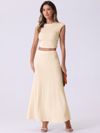 2 Pieces Ribbed Knit Cap Sleeve Cropped Top and Elastic Waist A-Line Maxi Skirt Set