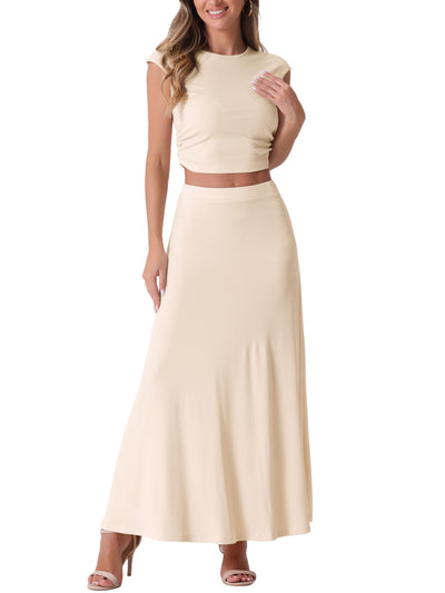 2 Pieces Ribbed Knit Cap Sleeve Cropped Top and Elastic Waist A-Line Maxi Skirt Set