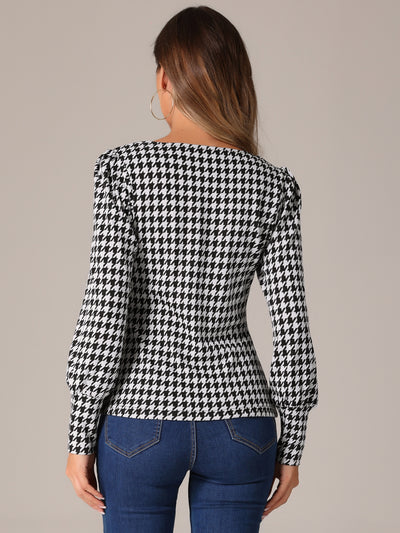 Houndstooth Square Neck Bishop Sleeve Casual Blouse