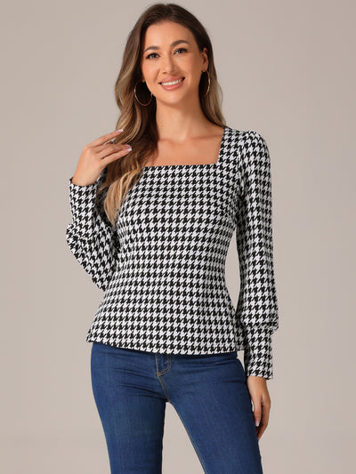 Houndstooth Square Neck Bishop Sleeve Casual Blouse