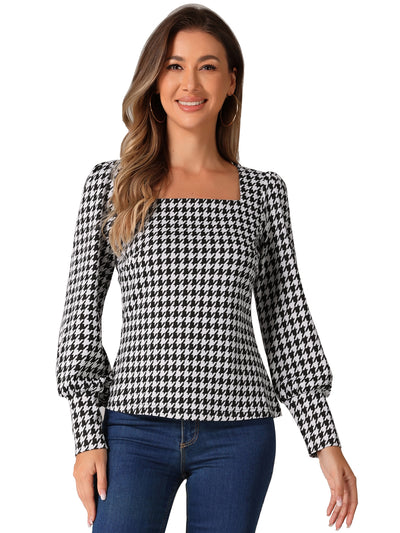 Houndstooth Square Neck Bishop Sleeve Casual Blouse