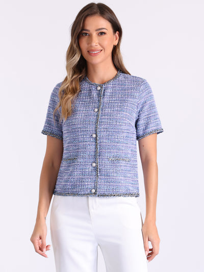 Tweed Plaid Round Neck Short Sleeve Blouse