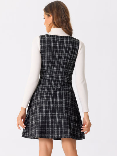 Button Decor U Neck Plaid Tweed Overall Pinafore Dress