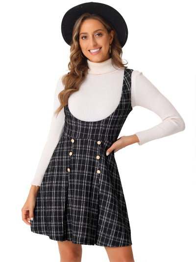 Button Decor U Neck Plaid Tweed Overall Pinafore Dress