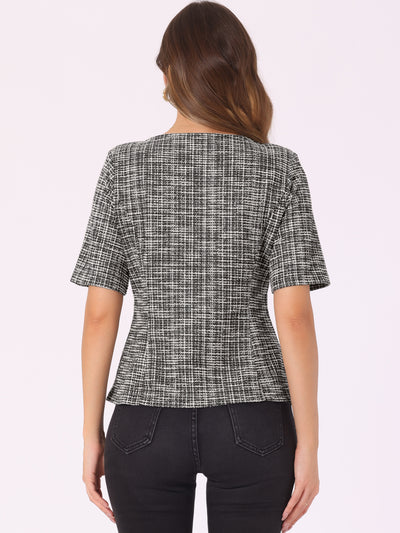 Tweed Round Neck Short Sleeve Pullover Work Office Blouse