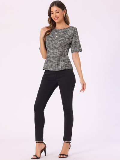 Tweed Round Neck Short Sleeve Pullover Work Office Blouse