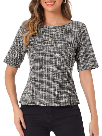 Tweed Round Neck Short Sleeve Pullover Work Office Blouse