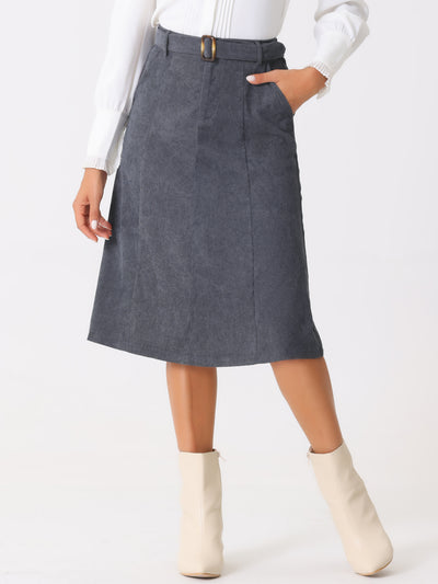 High Waist Elastic Back A-Line Belted Corduroy Pockets Midi Skirt