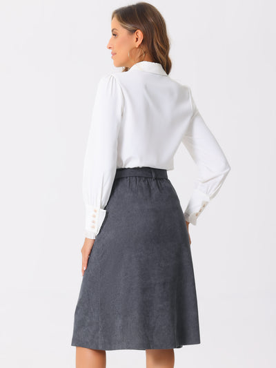 High Waist Elastic Back A-Line Belted Corduroy Pockets Midi Skirt