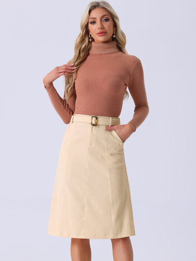 High Waist Elastic Back A-Line Belted Corduroy Pockets Midi Skirt