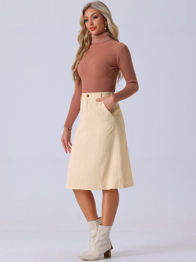 High Waist Elastic Back A-Line Belted Corduroy Pockets Midi Skirt