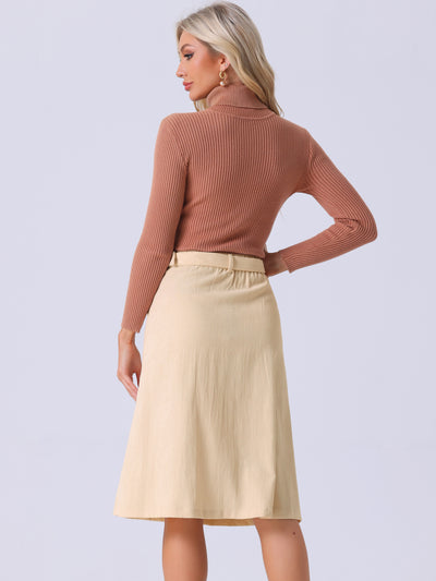 High Waist Elastic Back A-Line Belted Corduroy Pockets Midi Skirt