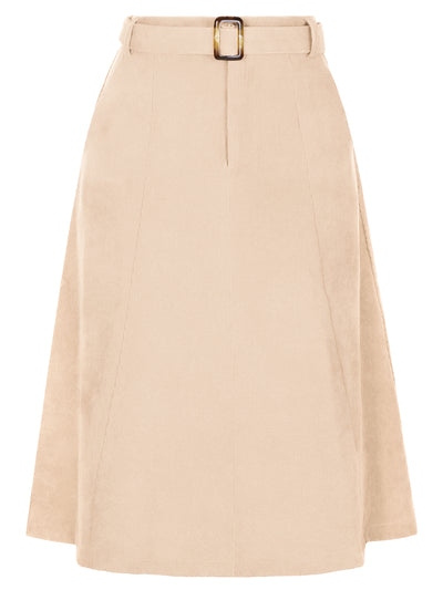 High Waist Elastic Back A-Line Belted Corduroy Pockets Midi Skirt