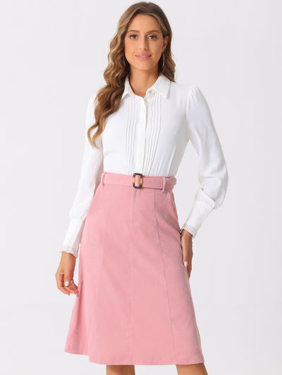 High Waist Elastic Back A-Line Belted Corduroy Pockets Midi Skirt