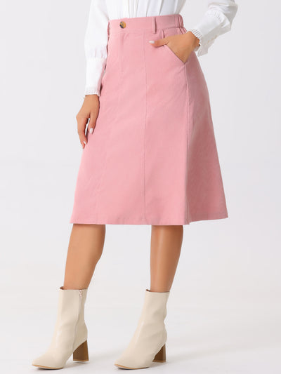 High Waist Elastic Back A-Line Belted Corduroy Pockets Midi Skirt