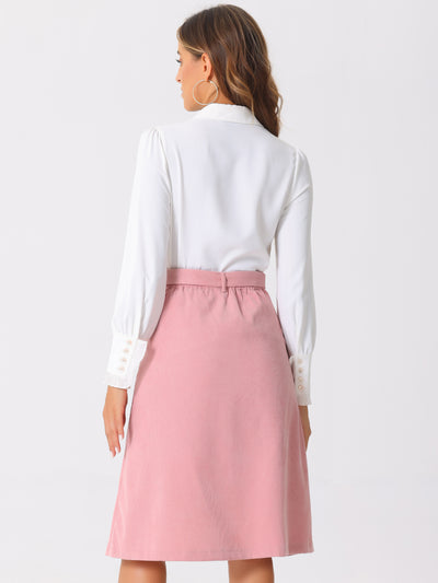 High Waist Elastic Back A-Line Belted Corduroy Pockets Midi Skirt