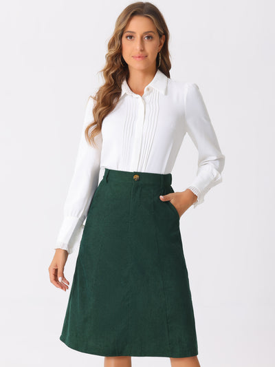 High Waist Elastic Back A-Line Belted Corduroy Pockets Midi Skirt