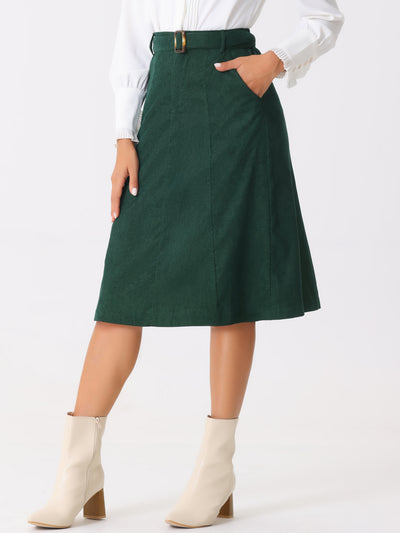 High Waist Elastic Back A-Line Belted Corduroy Pockets Midi Skirt