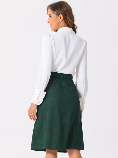 High Waist Elastic Back A-Line Belted Corduroy Pockets Midi Skirt