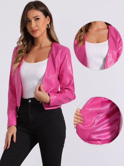 Faux Leather Collarless Open Front PU Moto Biker Crop Blazer