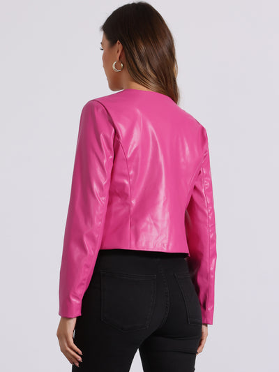 Faux Leather Collarless Open Front PU Moto Biker Crop Blazer