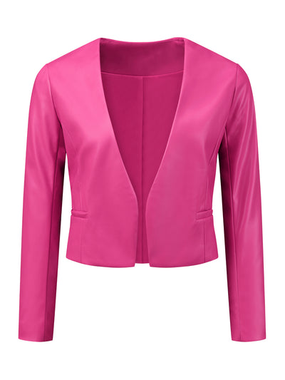 Faux Leather Collarless Open Front PU Moto Biker Crop Blazer