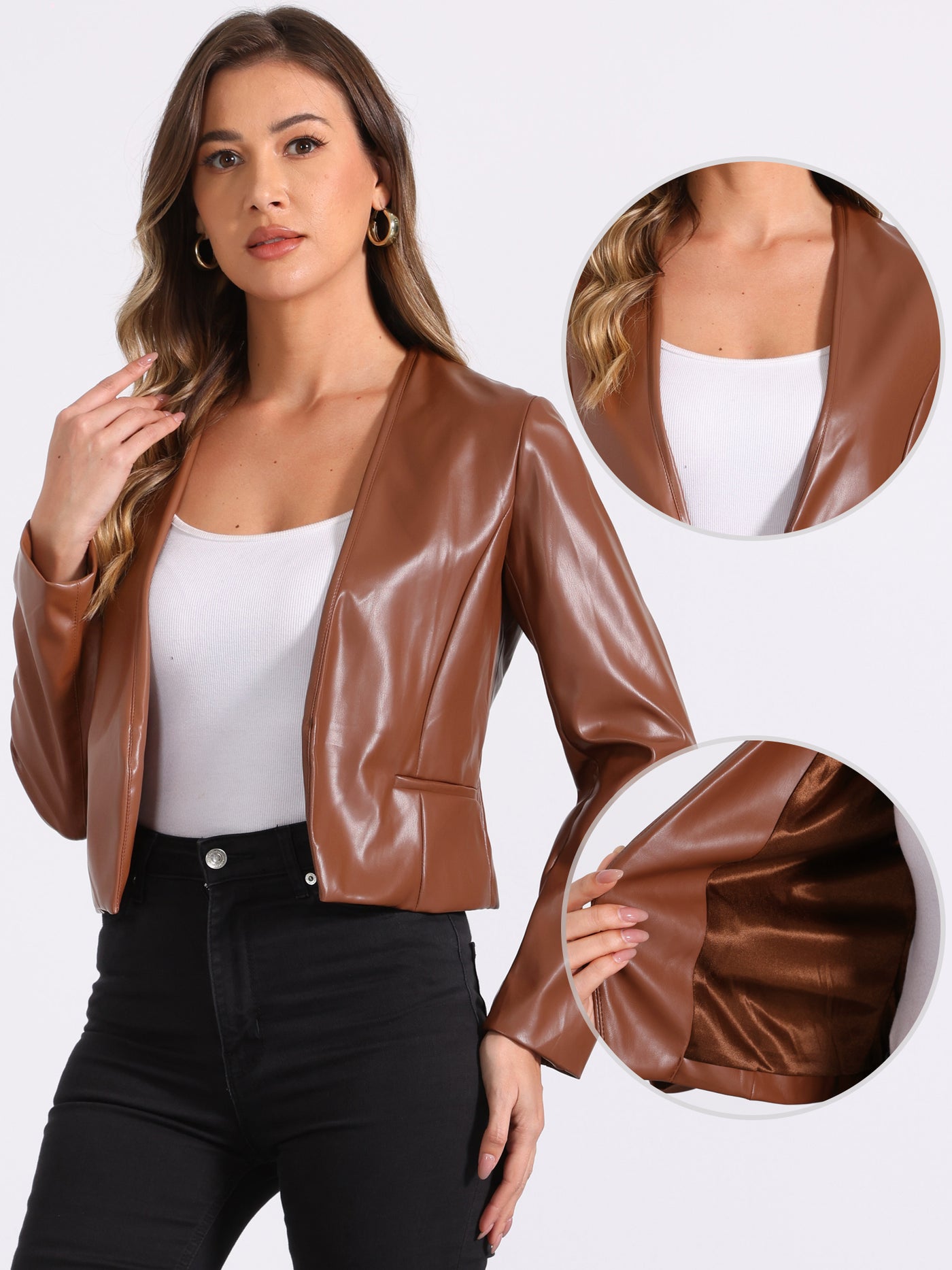 Allegra K Faux Leather Collarless Open Front PU Moto Biker Crop Blazer